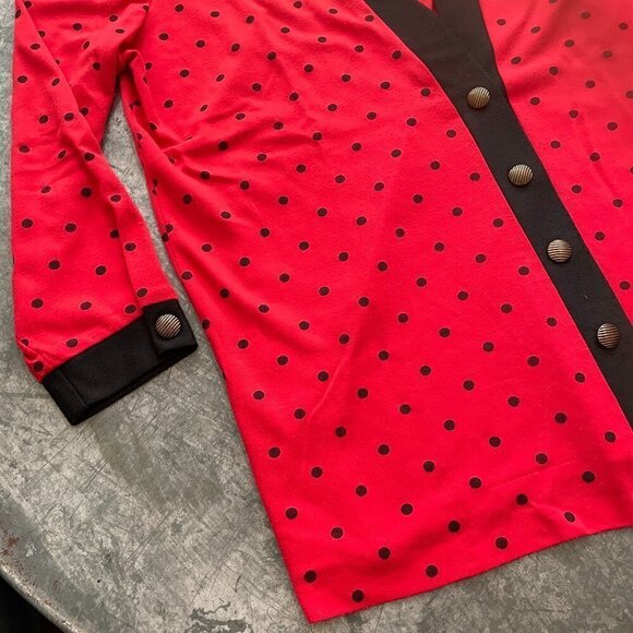 Vintage Monica Rose USA Red Black Polka Dot Sweater Cardigan Jacket Womens L/XL - Picture 5 of 12